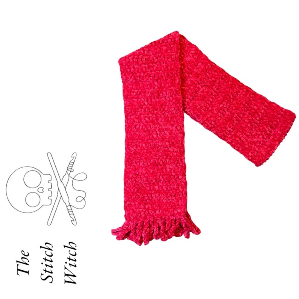 HAND CROCHETED Super Soft Plush Chenille Hot Pink Scarf with Fringe